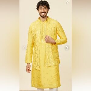 NEW MUSTARD YELLOW MEDALLION PATTERNED KURTA JACKET SET WITH MIRROR WORK